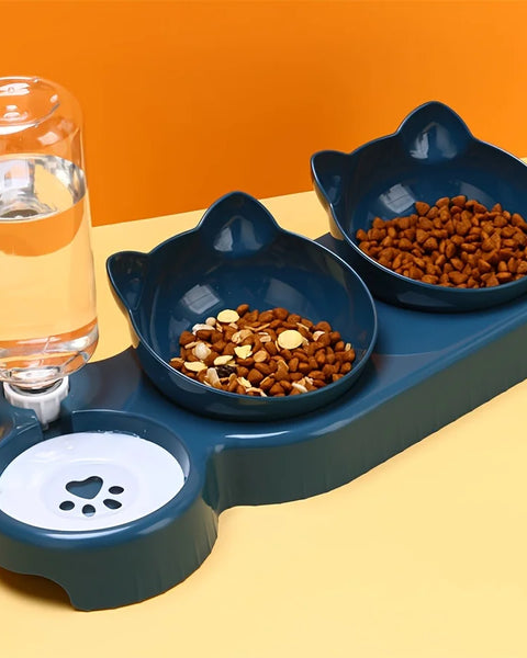 Ergonomic 3-in-1 cat and dog food and water bowl set with gravity water dispenser, promoting comfort and healthy posture