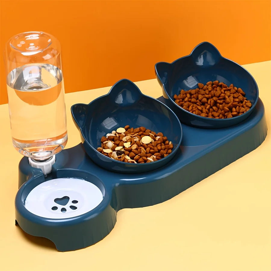 Ergonomic 3-in-1 cat and dog food and water bowl set with gravity water dispenser, promoting comfort and healthy posture