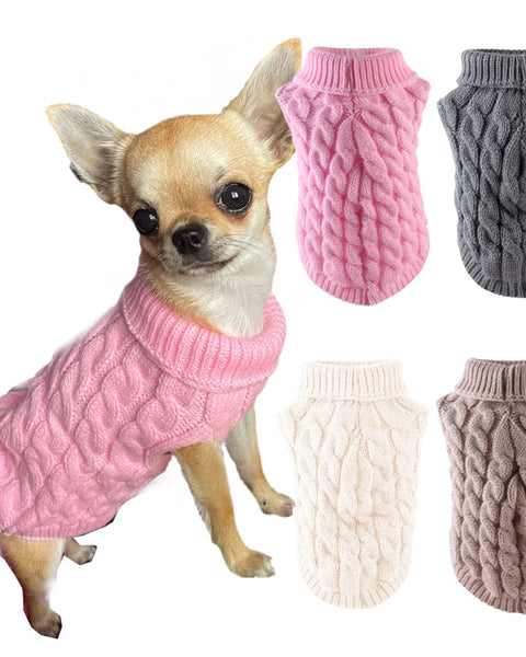 Small dog wearing cozy solid knit winter sweater – Chihuahua, Yorkshire, Schnauzer puppy clothes