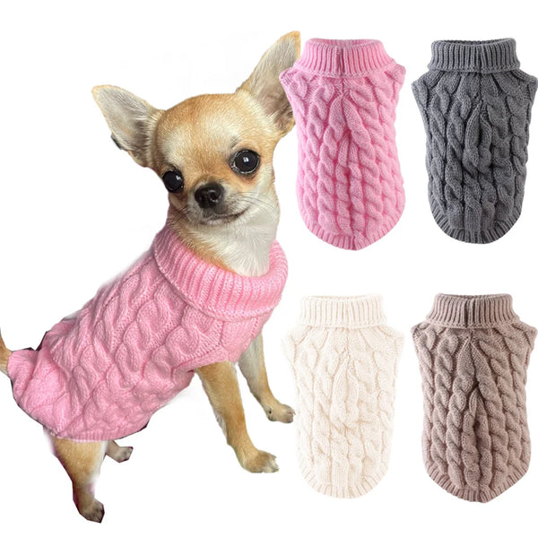 Small dog wearing cozy solid knit winter sweater – Chihuahua, Yorkshire, Schnauzer puppy clothes