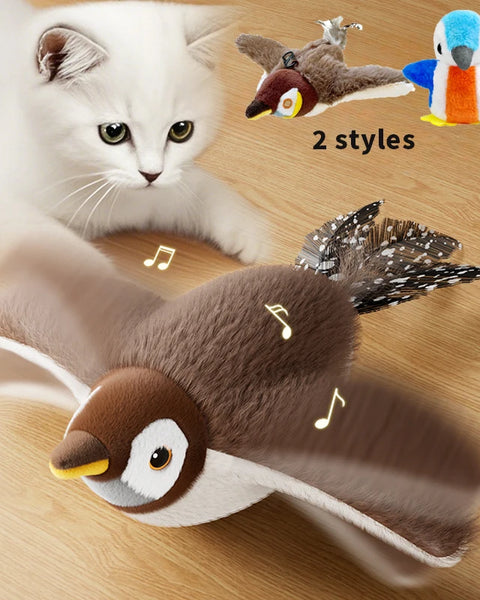 Interactive flapping bird toy for cats with catnip. Touch-activated plush toy stimulates hunting instincts, provides exercise, mental stimulation, and hours of fun for kittens and adult cats