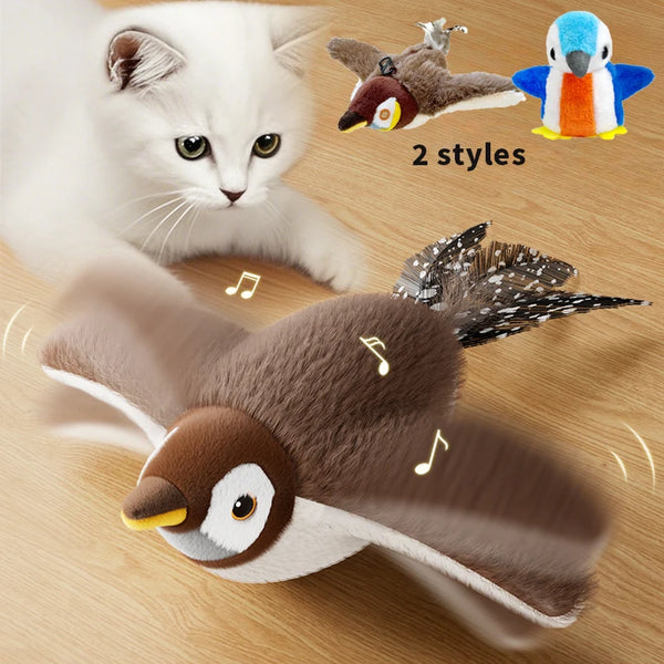 Interactive flapping bird toy for cats with catnip. Touch-activated plush toy stimulates hunting instincts, provides exercise, mental stimulation, and hours of fun for kittens and adult cats