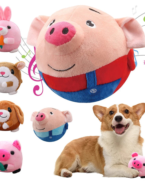 Interactive automatic bouncing toy ball for dogs and cats with plush cover, music, vibration, and Pet IQ training benefits.