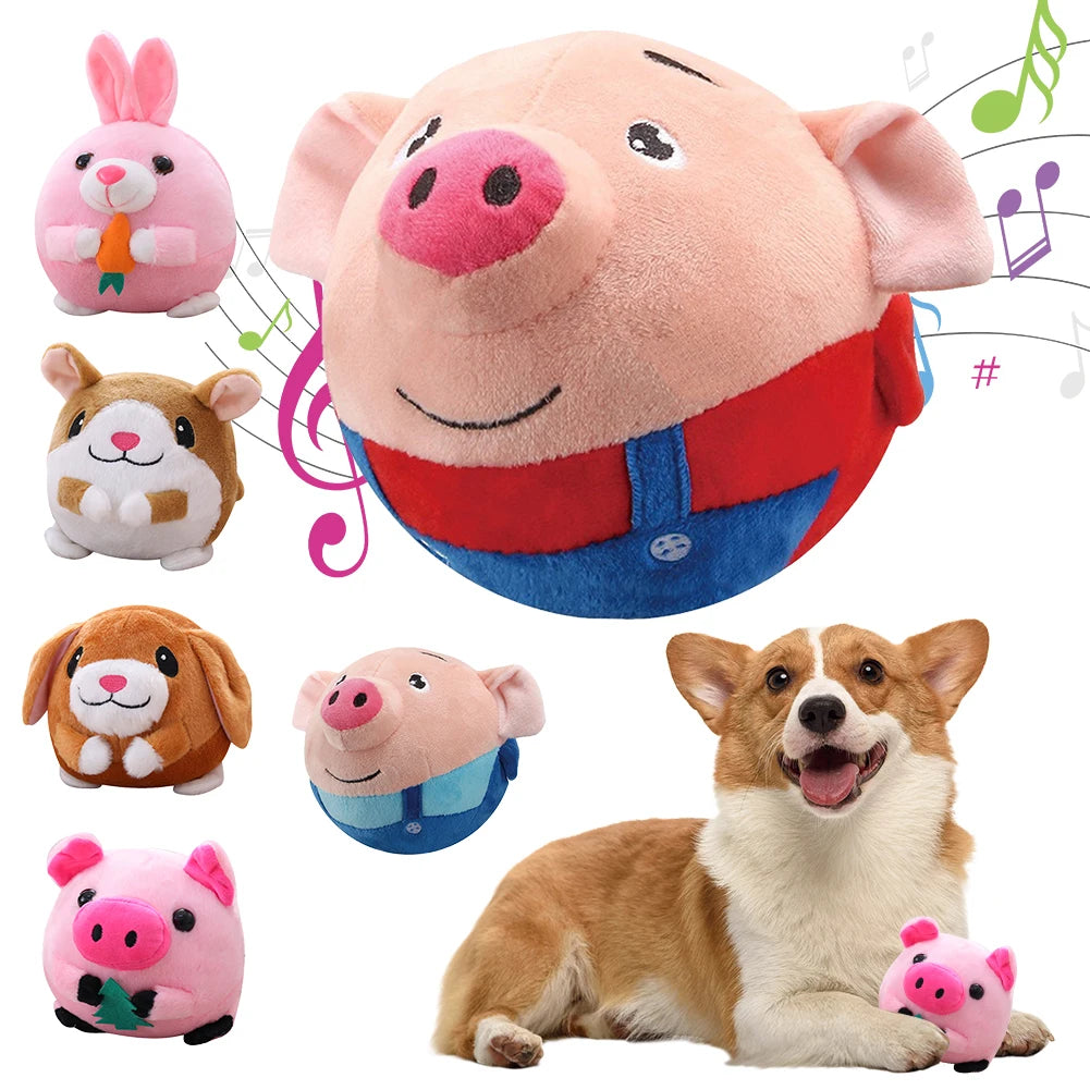 Interactive automatic bouncing toy ball for dogs and cats with plush cover, music, vibration, and Pet IQ training benefits.
