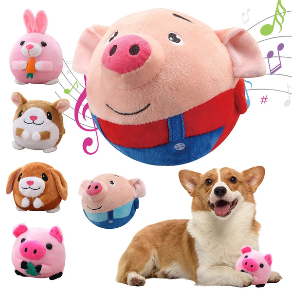 Interactive automatic bouncing toy ball for dogs and cats with plush cover, music, vibration, and Pet IQ training benefits.