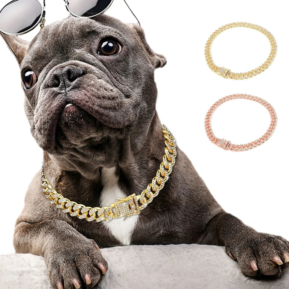 Luxury rhinestone dog collar made of durable metal alloy with sparkling zirconia diamonds. Adjustable gold chain collar for small, medium, and large dogs. Perfect for parties, birthdays, and stylish daily walk