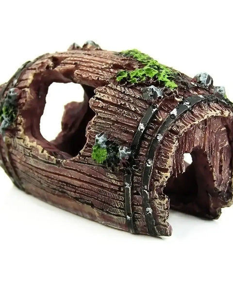 Decorative resin barrel cave for aquariums and terrariums, non-toxic and safe, providing shelter, hiding spots, and natural enrichment for fish, turtles, and reptiles.