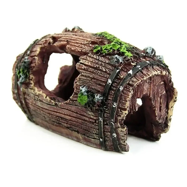 Decorative resin barrel cave for aquariums and terrariums, non-toxic and safe, providing shelter, hiding spots, and natural enrichment for fish, turtles, and reptiles.