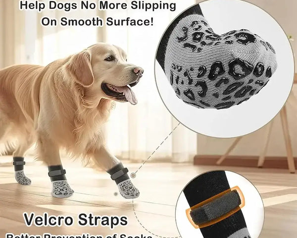 Anti-slip socks for dogs, providing paw protection, stability on slippery floors, and comfort for walking, running, and playing