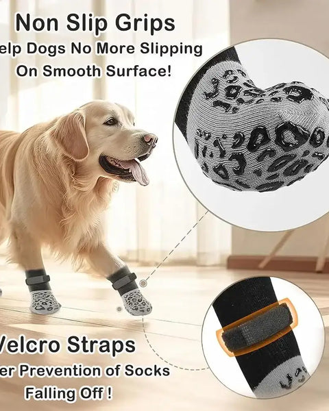 Anti-slip socks for dogs, providing paw protection, stability on slippery floors, and comfort for walking, running, and playing