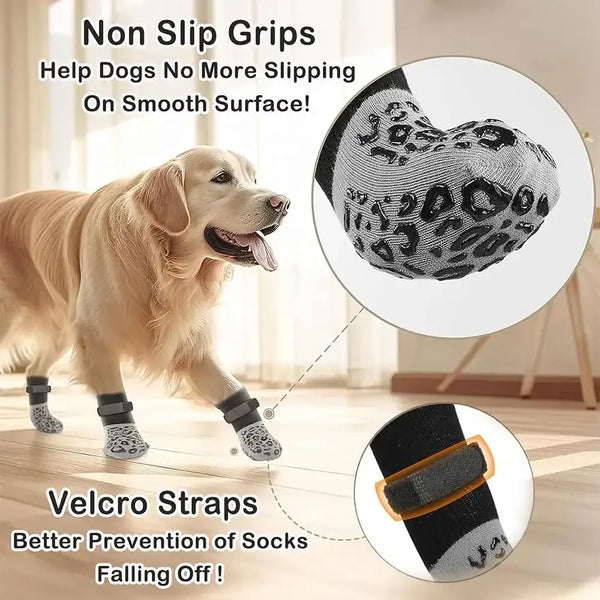 Anti-slip socks for dogs, providing paw protection, stability on slippery floors, and comfort for walking, running, and playing