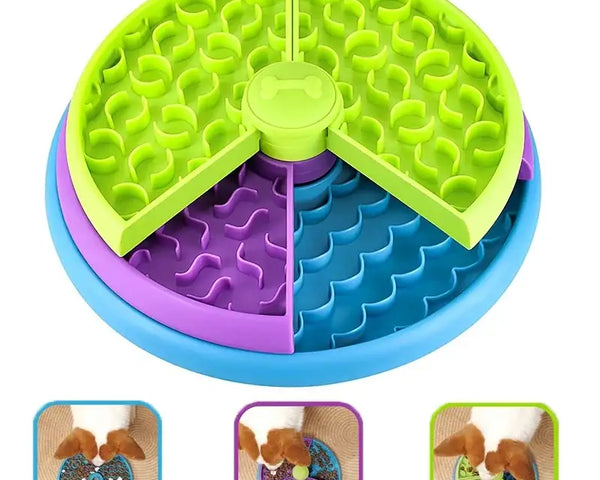 Interactive slow feeder for dogs and cats, puzzle-style design, promotes slower eating, mental stimulation, better digestion, and weight control.