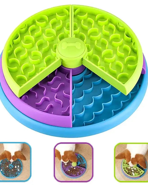 Interactive slow feeder for dogs and cats, puzzle-style design, promotes slower eating, mental stimulation, better digestion, and weight control.