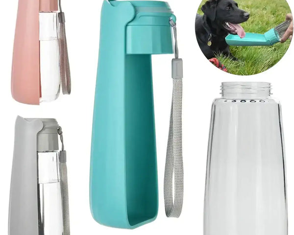 Portable water bottle for dogs and cats with built-in drinking cup, leak-proof design, and high-capacity for walks, travel, and outdoor activities.