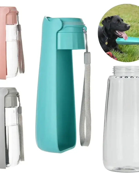 Portable water bottle for dogs and cats with built-in drinking cup, leak-proof design, and high-capacity for walks, travel, and outdoor activities.