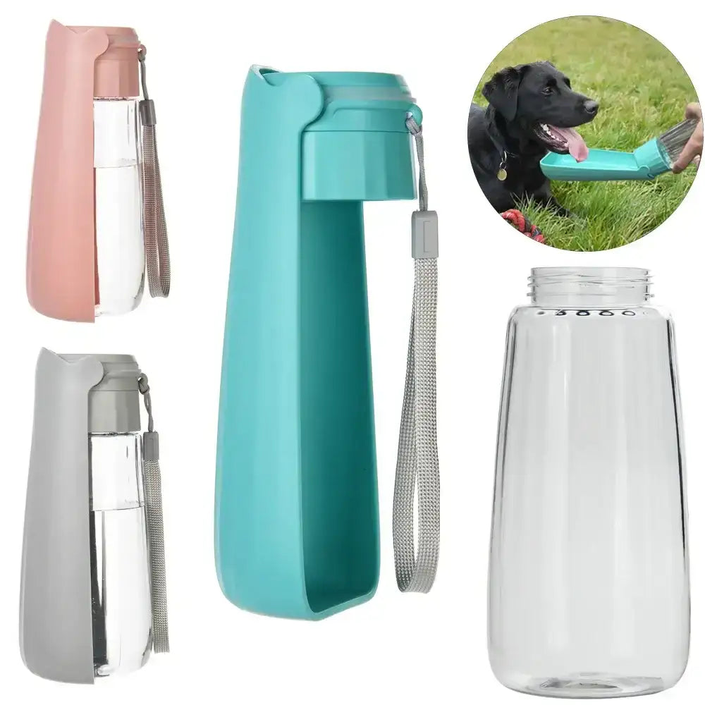 Portable water bottle for dogs and cats with built-in drinking cup, leak-proof design, and high-capacity for walks, travel, and outdoor activities.