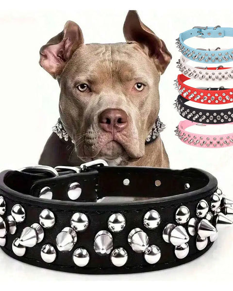 Premium adjustable dog collar made of durable PU leather with rust-resistant rivets, hypoallergenic and safe, protecting small and medium dogs from biting and scratching.
