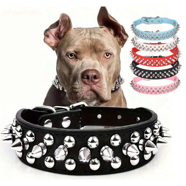 Premium adjustable dog collar made of durable PU leather with rust-resistant rivets, hypoallergenic and safe, protecting small and medium dogs from biting and scratching.