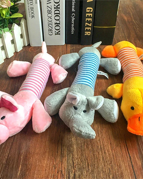 Squeaky plush animal toy for dogs that supports chewing, teething, and mental stimulation