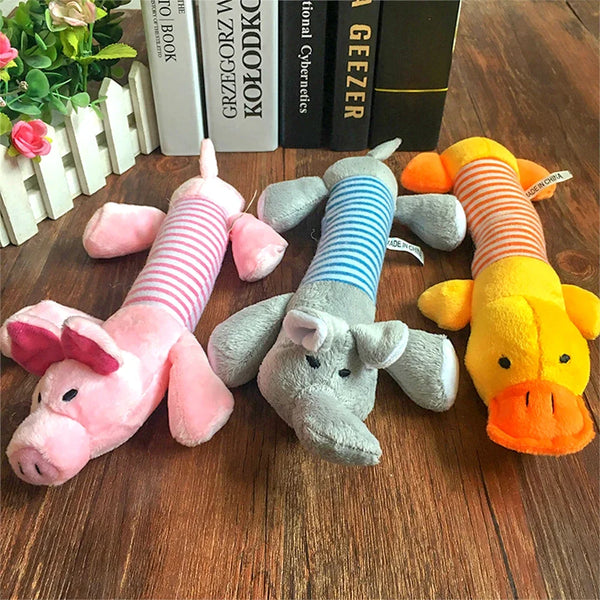 Squeaky plush animal toy for dogs that supports chewing, teething, and mental stimulation