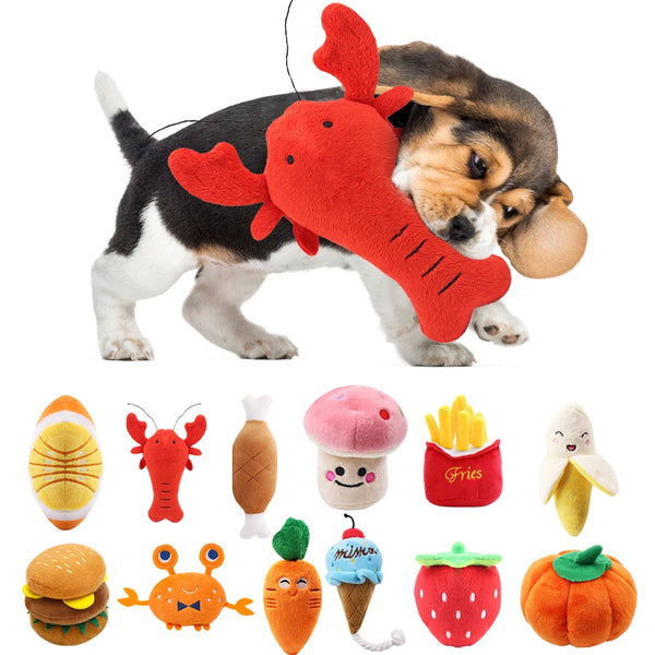 Squeaky plush dog toy for dogs and cats that supports chewing, mental stimulation, and interactive play for daily enrichment.