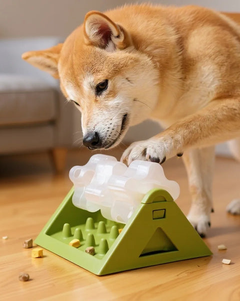 Interactive slow feeder puzzle food dispenser for dogs that supports healthy digestion and mental stimulation.