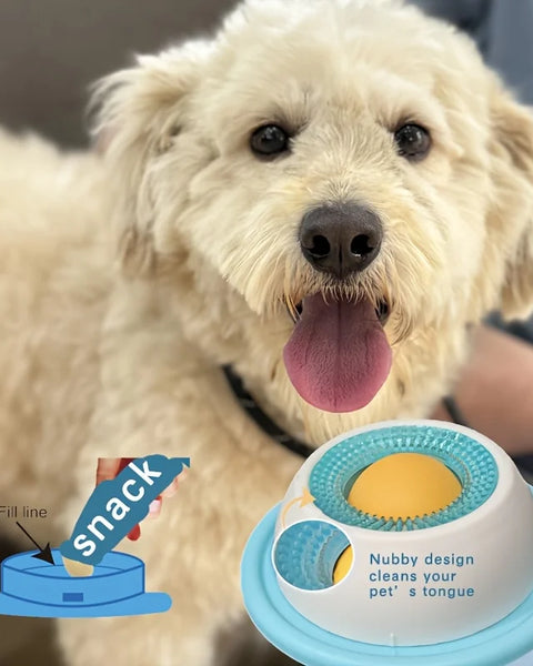 Interactive licking mat for dogs and cats that promotes slow feeding, reduces anxiety, supports digestion, and provides mental stimulation through calming food-based enrichment activities