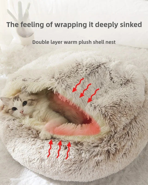 Semi-enclosed plush winter pet bed for dogs and cats designed to retain body heat and provide a warm, secure, and comfortable sleeping space
