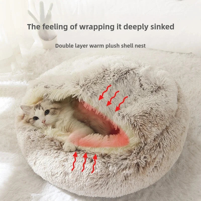 Semi-enclosed plush winter pet bed for dogs and cats designed to retain body heat and provide a warm, secure, and comfortable sleeping space
