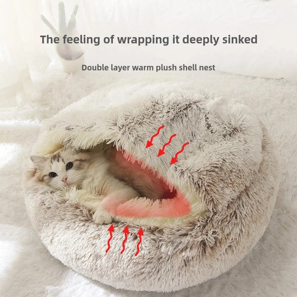 Semi-enclosed plush winter pet bed for dogs and cats designed to retain body heat and provide a warm, secure, and comfortable sleeping space
