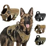 Military-grade tactical dog harness for medium and large dogs that provides secure control, durability, and pressure distribution during training and outdoor use.