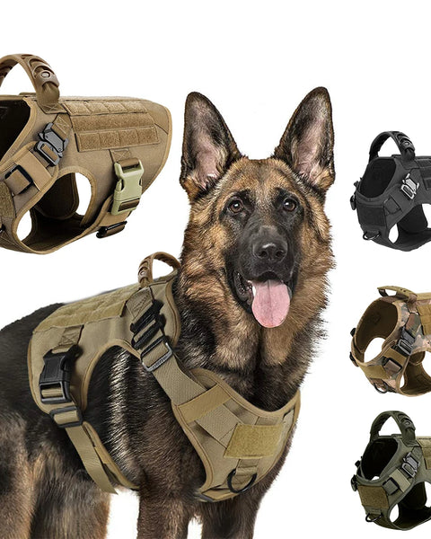 Military-grade tactical dog harness for medium and large dogs that provides secure control, durability, and pressure distribution during training and outdoor use.