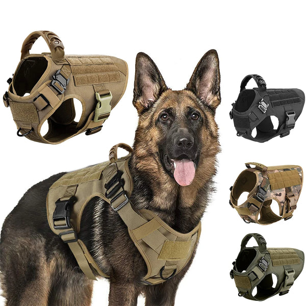 Military-grade tactical dog harness for medium and large dogs that provides secure control, durability, and pressure distribution during training and outdoor use.