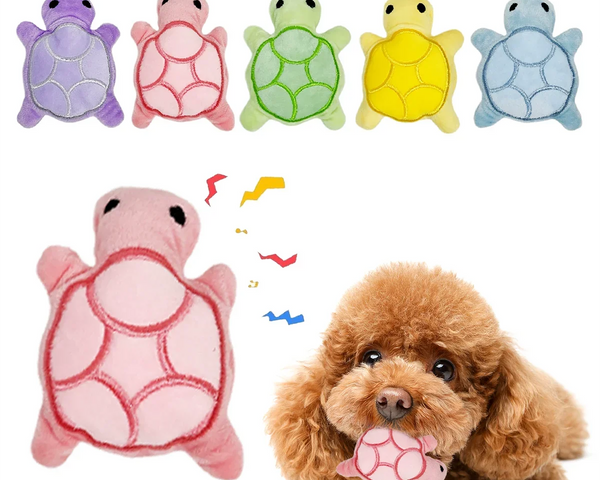 Plush turtle chew toy for puppies and small dogs that supports teething relief, chewing, and dental health during play.
