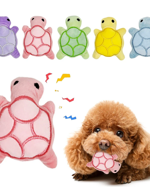 Plush turtle chew toy for puppies and small dogs that supports teething relief, chewing, and dental health during play.
