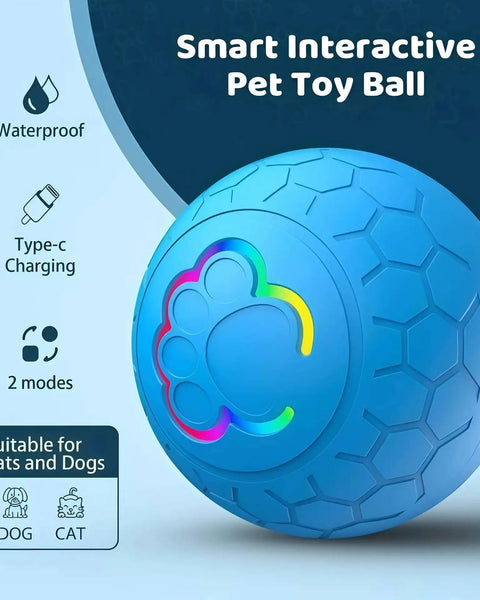 Rechargeable automatic rolling LED dog toy for dogs and cats that promotes active play and mental stimulation.