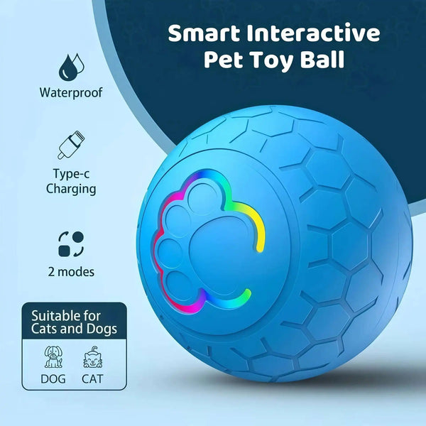 Rechargeable automatic rolling LED dog toy for dogs and cats that promotes active play and mental stimulation.