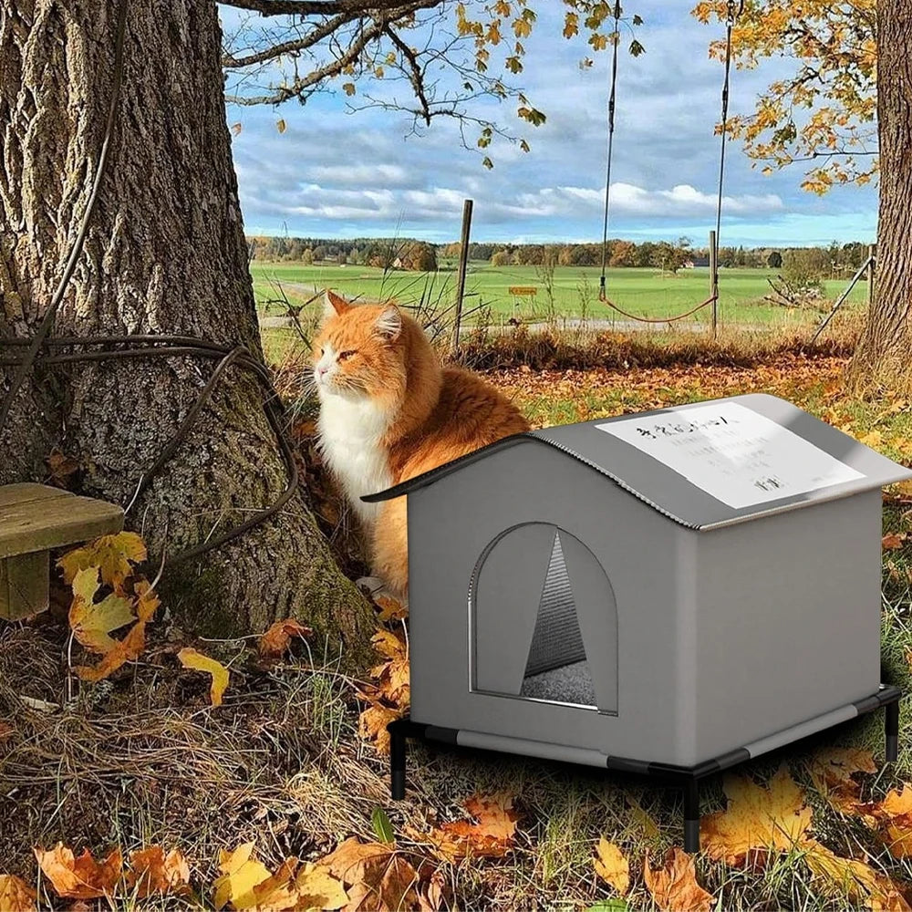 Foldable outdoor pet house for cats and small dogs that provides weather protection, insulation, and a secure resting shelter.