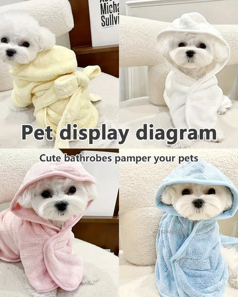 Microfiber dog drying robe for dogs and cats that quickly absorbs moisture and keeps pets warm and dry after baths or swimming.