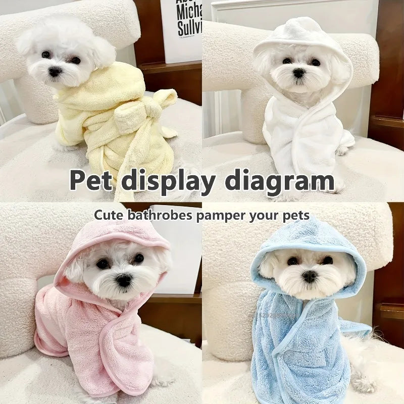 Microfiber dog drying robe for dogs and cats that quickly absorbs moisture and keeps pets warm and dry after baths or swimming.