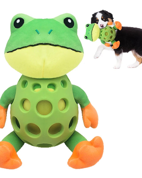 Squeaky frog plush dog toy for small and medium dogs that supports chewing, mental stimulation, and indoor play.