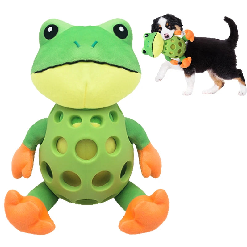 Squeaky frog plush dog toy for small and medium dogs that supports chewing, mental stimulation, and indoor play.