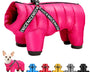 Waterproof winter dog jacket with integrated harness for small and medium dogs that provides warmth, wind protection, and secure leash control.