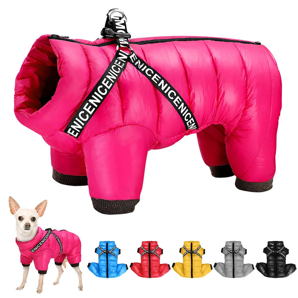 Waterproof winter dog jacket with integrated harness for small and medium dogs that provides warmth, wind protection, and secure leash control.