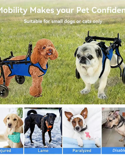 Mobility support cart for dogs and cats made from lightweight aluminum alloy to assist movement during recovery, rehabilitation, or hind limb weakness
