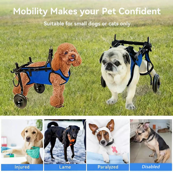 Mobility support cart for dogs and cats made from lightweight aluminum alloy to assist movement during recovery, rehabilitation, or hind limb weakness
