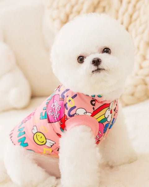 Stylish graffiti-print winter pet jacket made from warm fleece and silk wool blend with anti-splash fabric for cold-weather comfort for small dogs, cats, and puppies