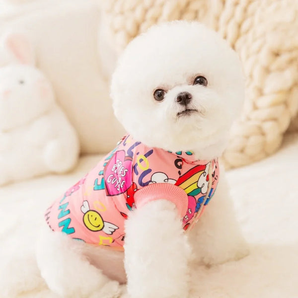 Stylish graffiti-print winter pet jacket made from warm fleece and silk wool blend with anti-splash fabric for cold-weather comfort for small dogs, cats, and puppies