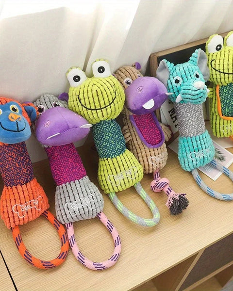 Squeaky plush dog toy for puppies and small to medium dogs that supports chewing and mental stimulation.