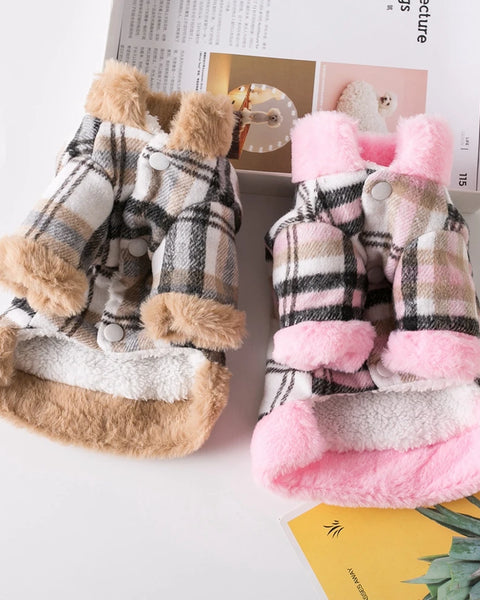 Plaid winter jacket for small dogs and cats made of polyester with cotton padding, fur collar, and leash attachment for warmth and cold-weather protection